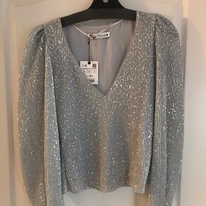 Zara silver sequin top with balloon sleeves